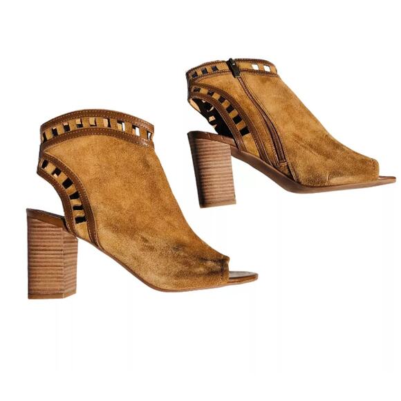 Franco Sarto Brown Leather Peep Toe Zip High Heel Cut Out Ankle Boots Size 10 - Picture 2 of 8